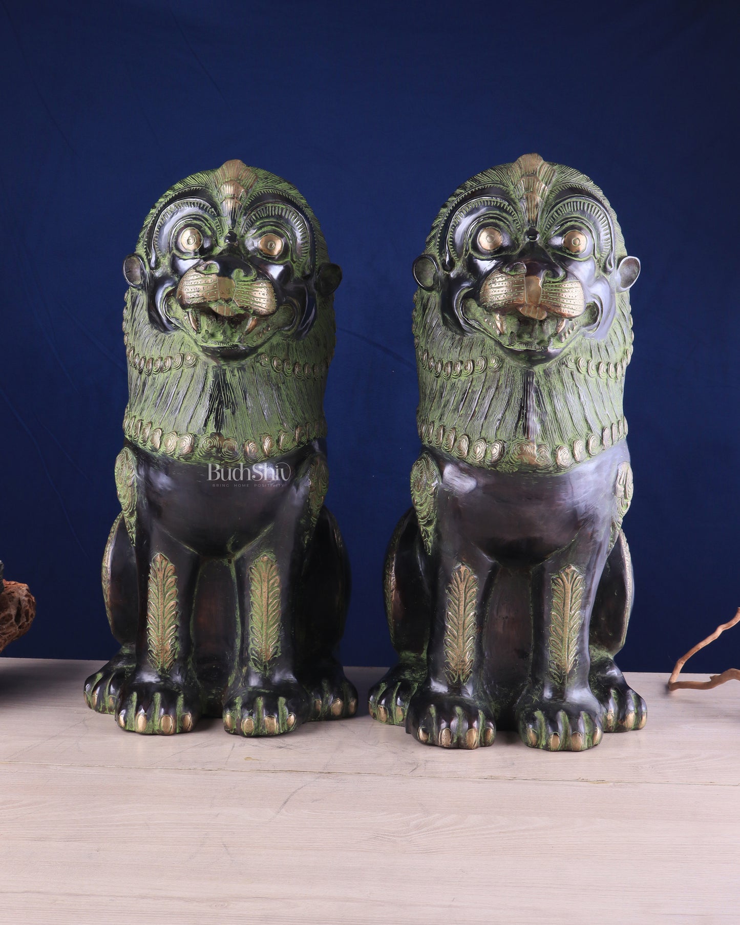 Pure Brass Large Tibetan Lions Pair - Vintage Black-Green Tone, 21 Inches