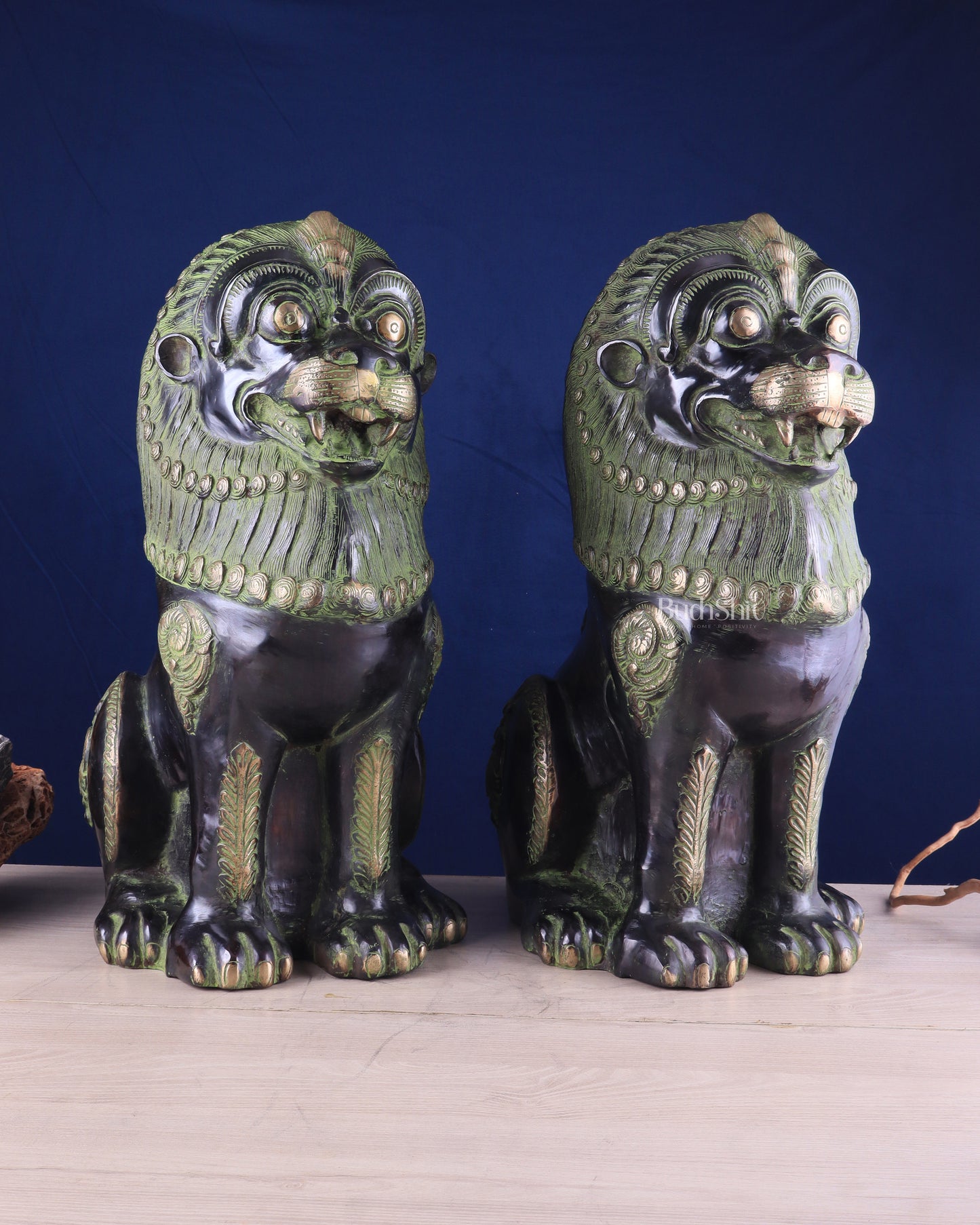 Pure Brass Large Tibetan Lions Pair - Vintage Black-Green Tone, 21 Inches