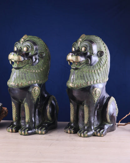 Pure Brass Large Tibetan Lions Pair - Vintage Black-Green Tone, 21 Inches