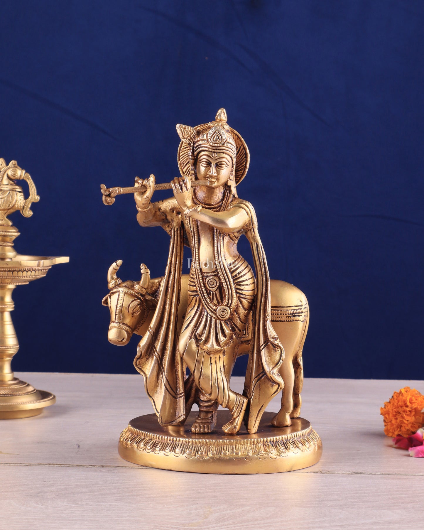 Brass Lord Krishna with Cow Idol - Intricately Handcrafted, 8.5 Inches