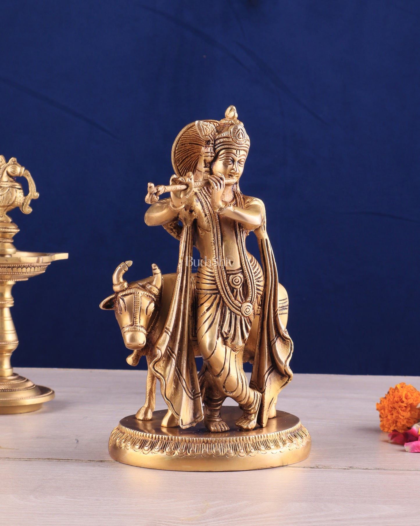 Brass Lord Krishna with Cow Idol - Intricately Handcrafted, 8.5 Inches