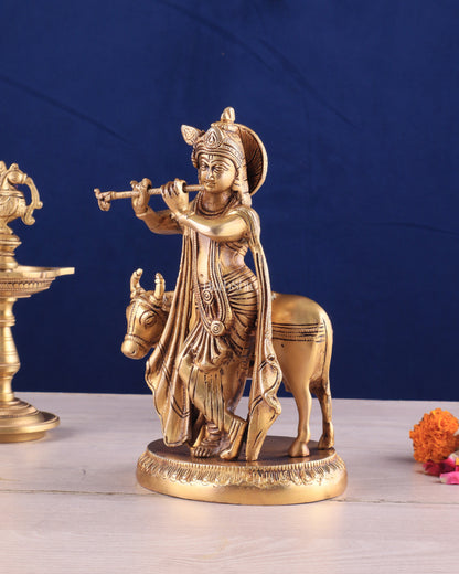 Brass Lord Krishna with Cow Idol - Intricately Handcrafted, 8.5 Inches