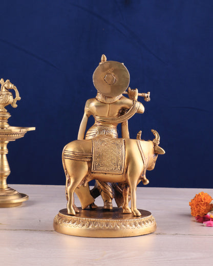 Brass Lord Krishna with Cow Idol - Intricately Handcrafted, 8.5 Inches