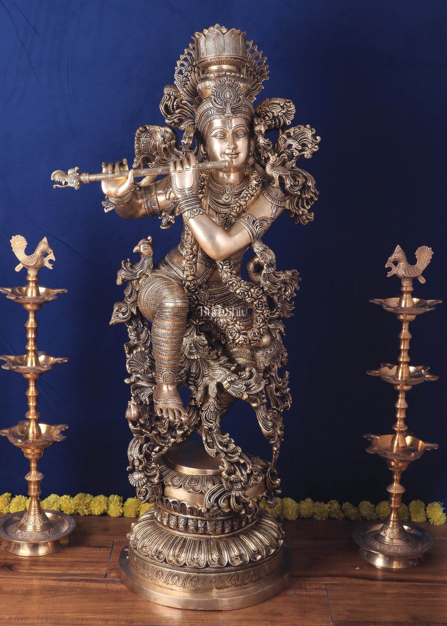 Large Lord Krishna Brass Sculpture - 45 inch handmade