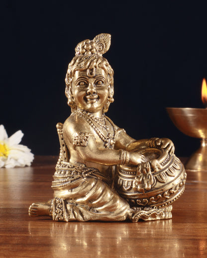 Pure Brass Superfine Makhan Chor Bal Gopal Krishna Idol – 3.5 Inch