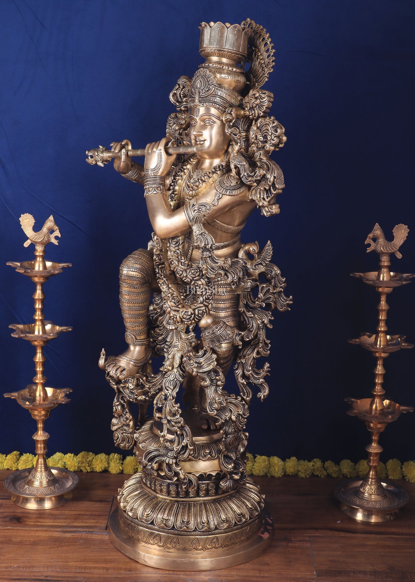 Large Lord Krishna Brass Sculpture - 45 inch handmade