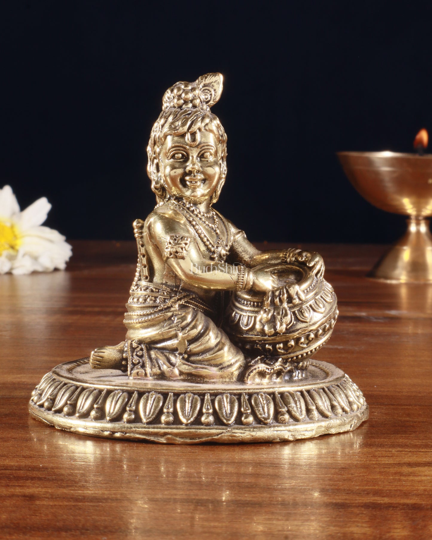 Pure Brass Superfine Makhan Chor Bal Gopal Krishna Idol with Base – 3 Inch