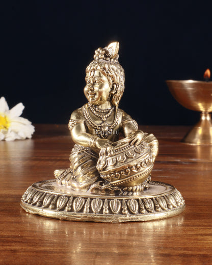 Pure Brass Superfine Makhan Chor Bal Gopal Krishna Idol with Base – 3 Inch