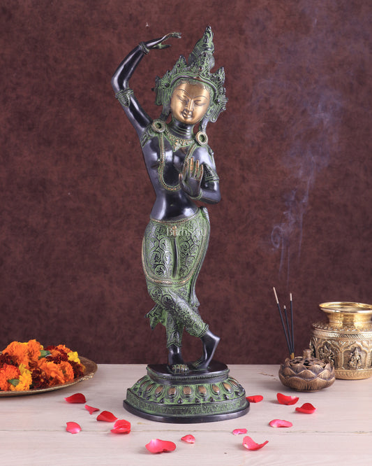 Pure Brass Dancing Tara Devi Maya Buddhist Sculpture - 20" Tall black green tone