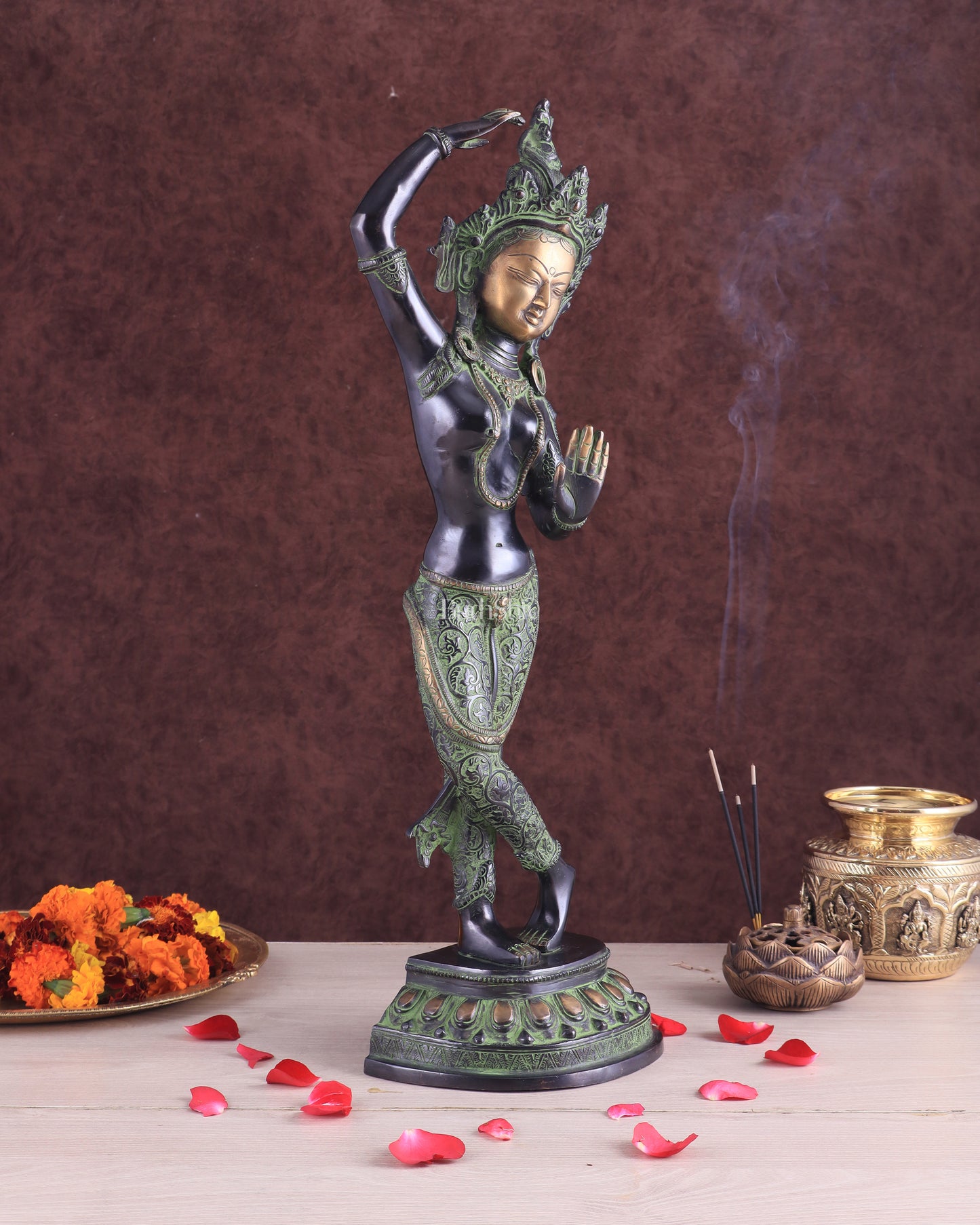 Pure Brass Dancing Tara Devi Maya Buddhist Sculpture - 20" Tall black green tone