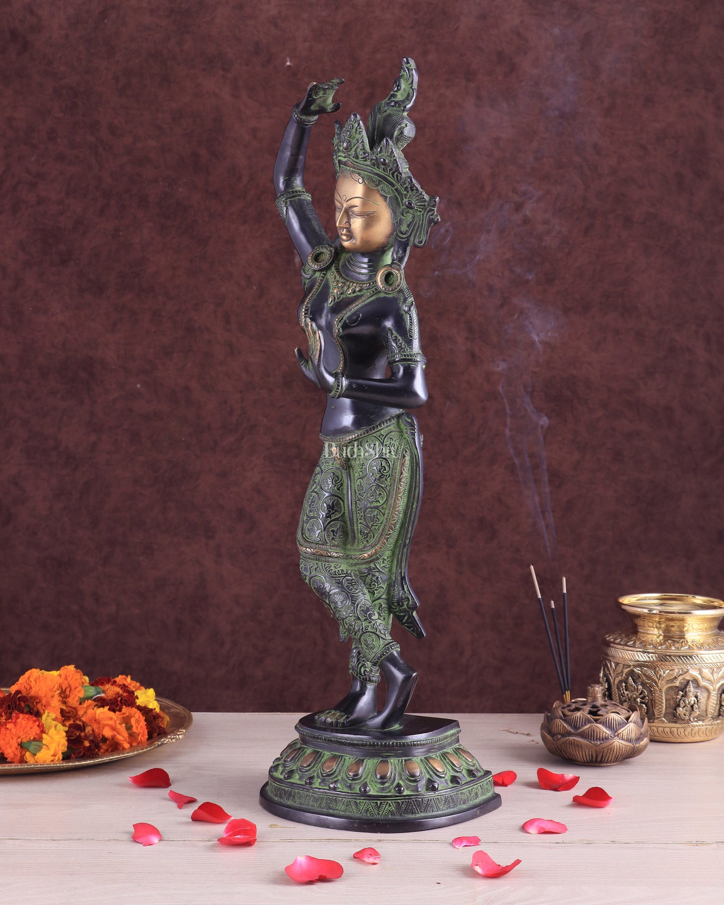 Pure Brass Dancing Tara Devi Maya Buddhist Sculpture - 20" Tall black green tone