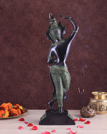 Pure Brass Dancing Tara Devi Maya Buddhist Sculpture - 20" Tall black green tone