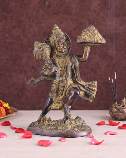 Vintage Brass Lord Hanuman Statue Carrying Sanjeevani Mountain 10.5"