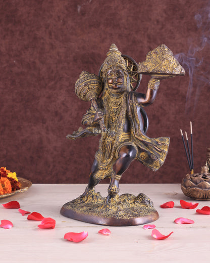 Vintage Brass Lord Hanuman Statue Carrying Sanjeevani Mountain 10.5"