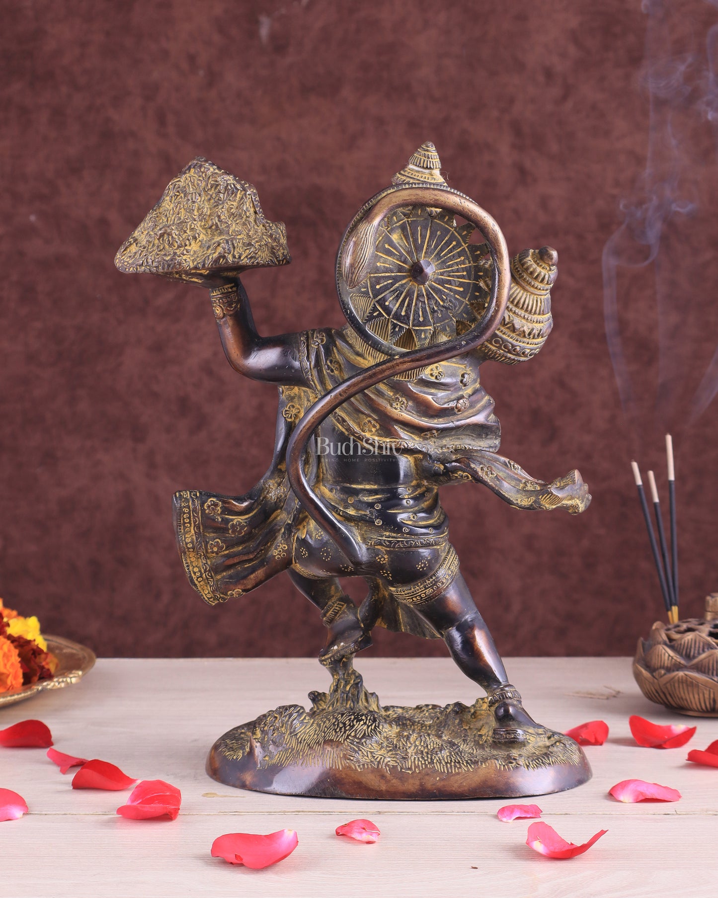 Vintage Brass Lord Hanuman Statue Carrying Sanjeevani Mountain 10.5"