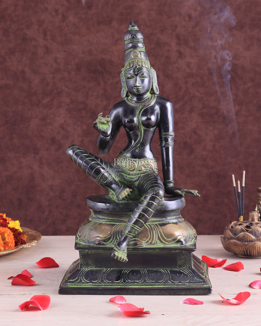 Pure Brass Seated Parvati Idol - 12" Black green tone