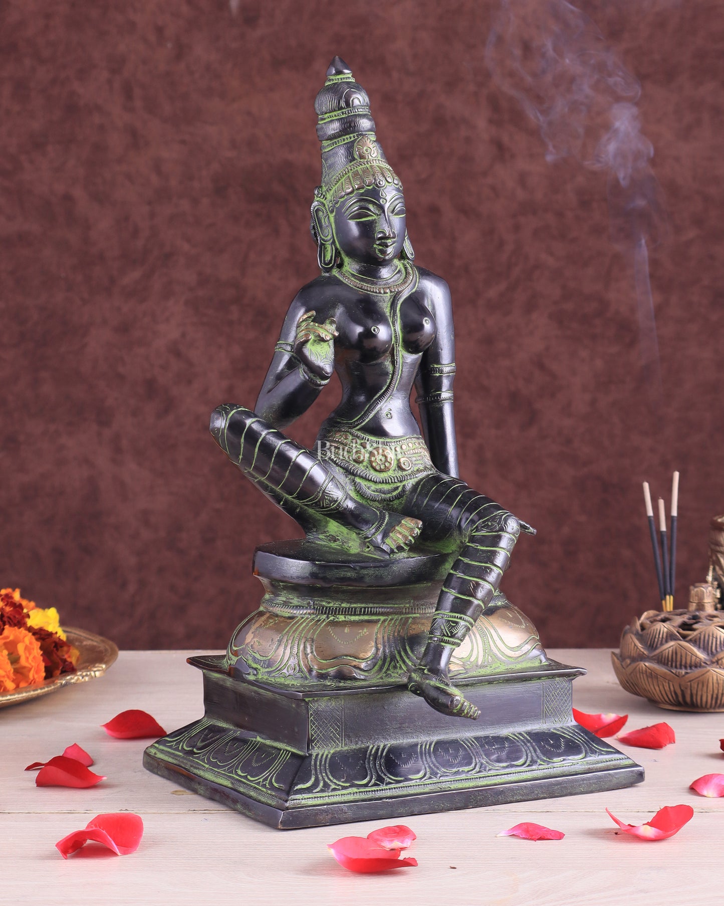 Pure Brass Seated Parvati Idol - 12" Black green tone