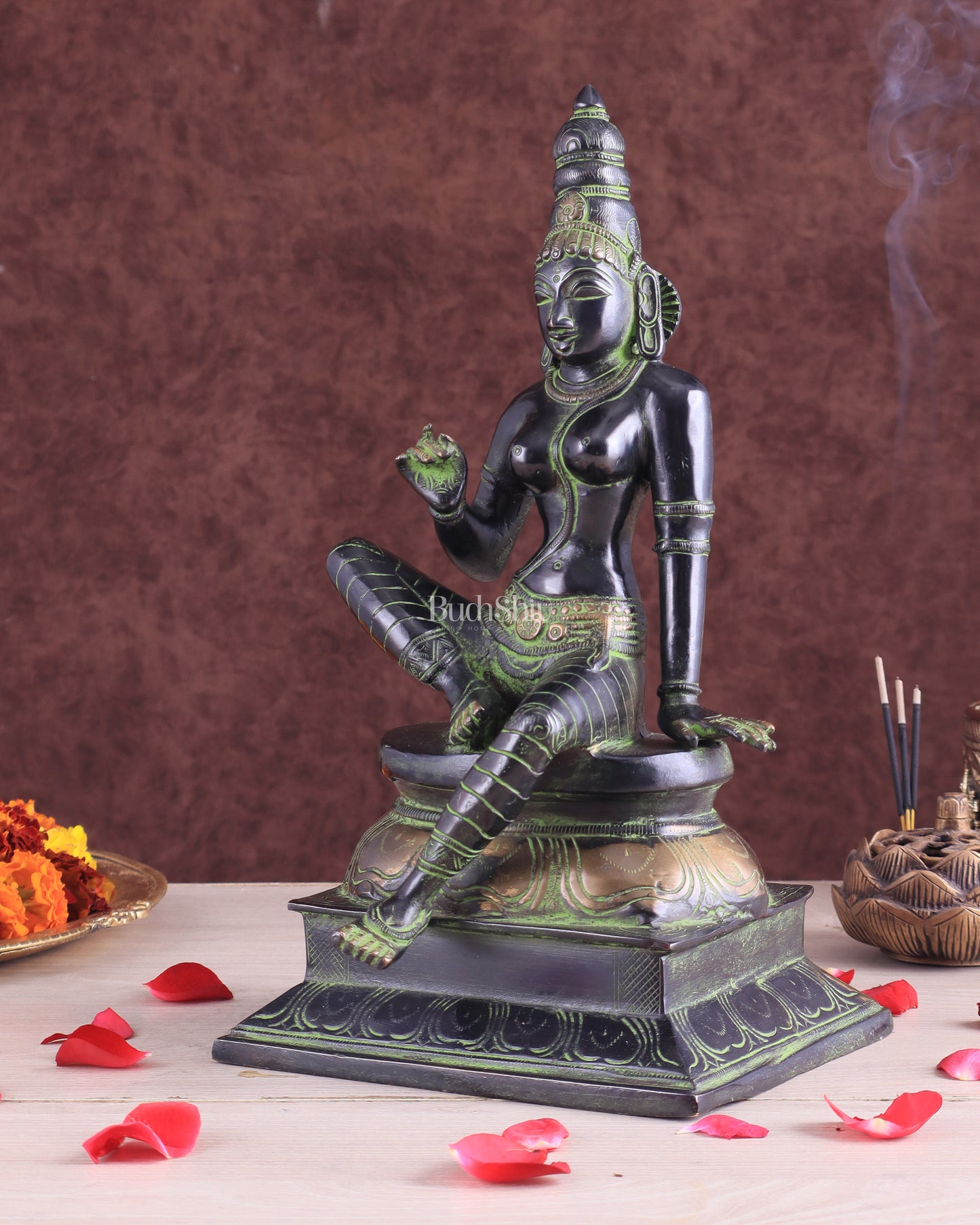 Pure Brass Seated Parvati Idol - 12" Black green tone