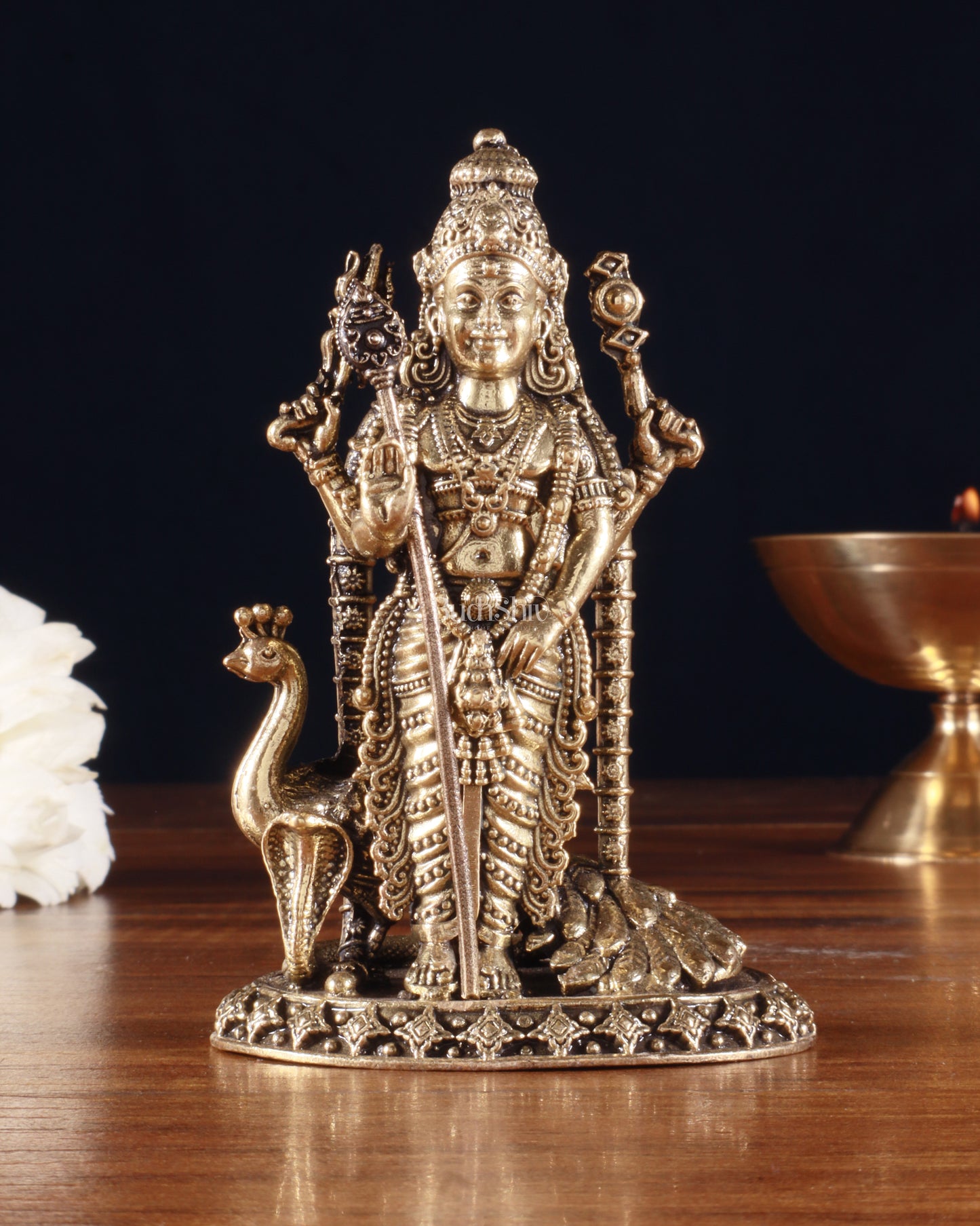 Pure Brass Superfine Murugan with Peacock & Snake Idol – 4 Inch