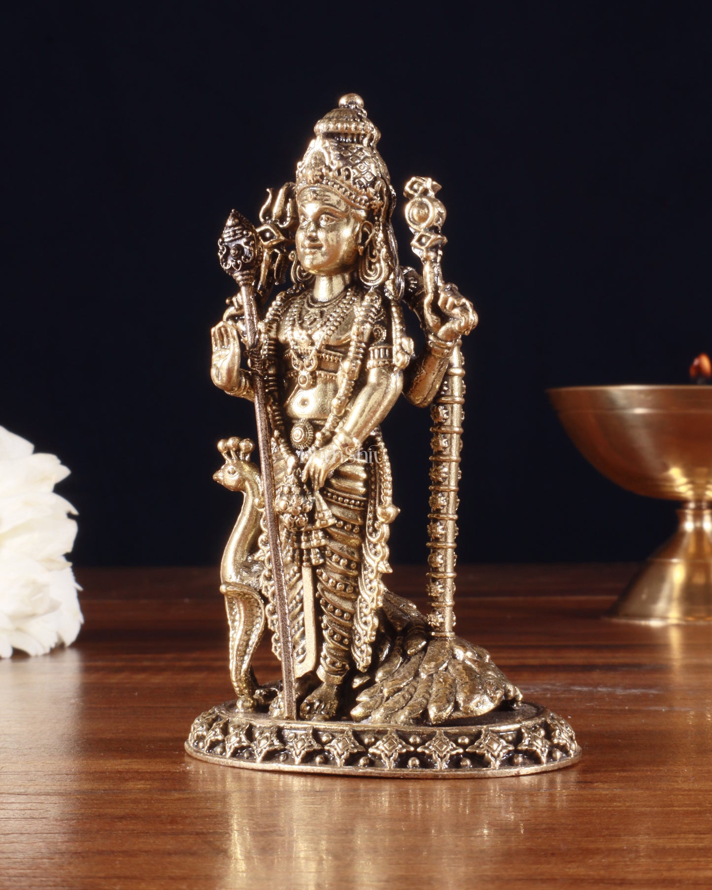 Pure Brass Superfine Murugan with Peacock & Snake Idol – 4 Inch