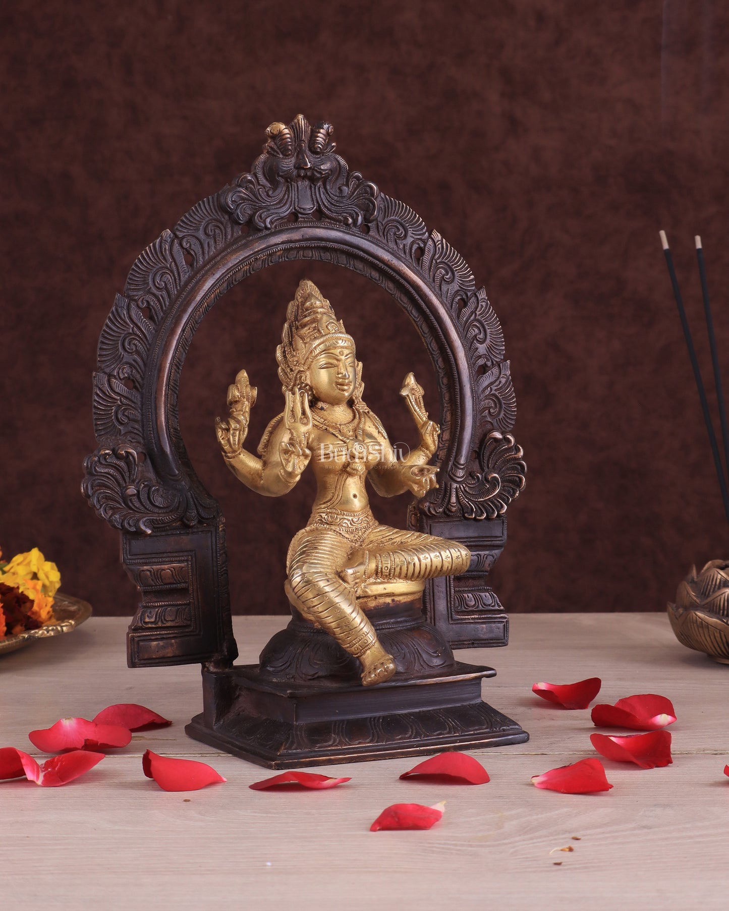 Pure Brass Goddess Mariamman with Prabhavali - Dual Copper Tone - 9"