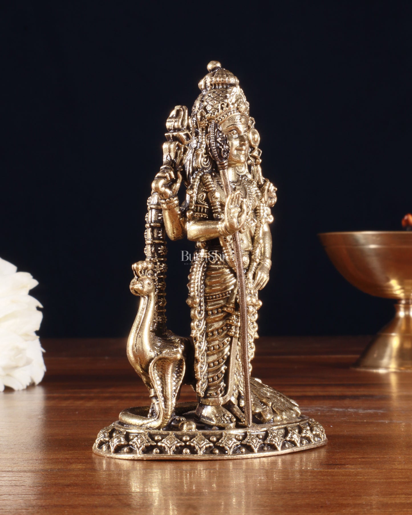 Pure Brass Superfine Murugan with Peacock & Snake Idol – 4 Inch