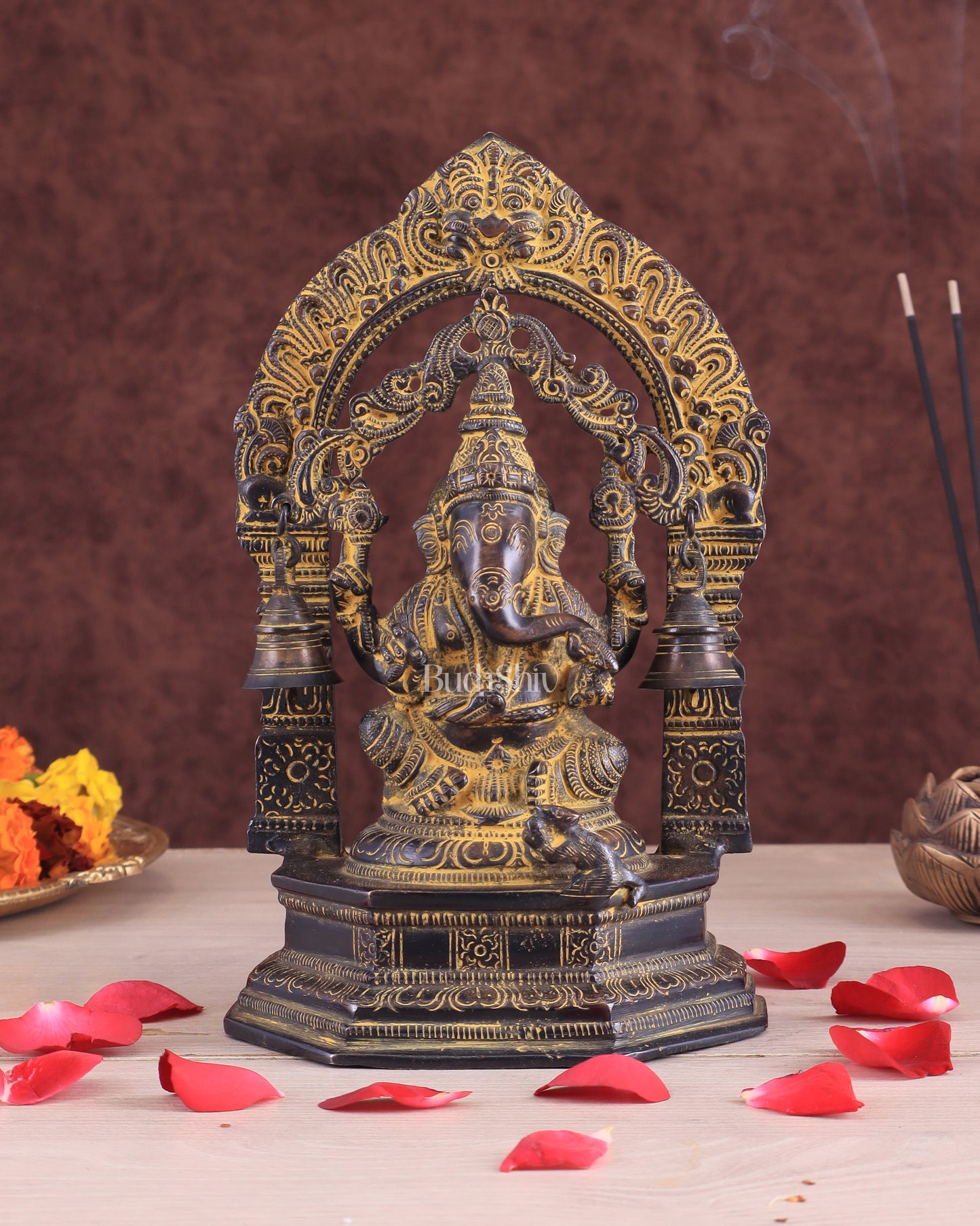 Unique Brass Lord Ganesha Idol with Bells – Henna Vintage Patina 9"