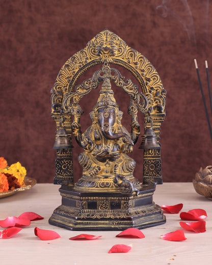 Unique Brass Lord Ganesha Idol with Bells – Henna Vintage Patina 9"