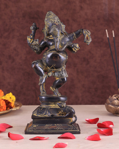 Vintage Brass Dancing Ganesha Statue - Black Sand Finish