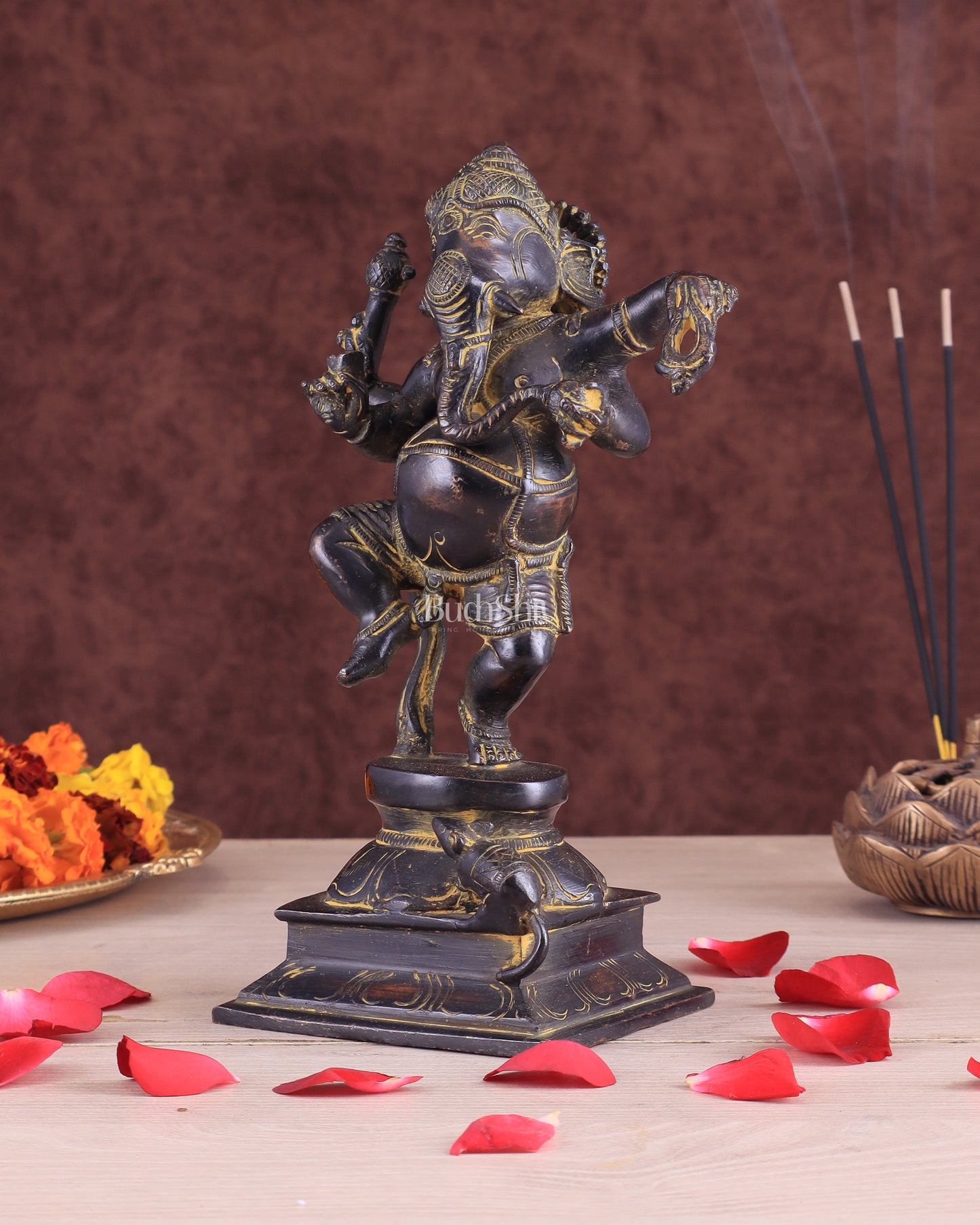 Vintage Brass Dancing Ganesha Statue - Black Sand Finish