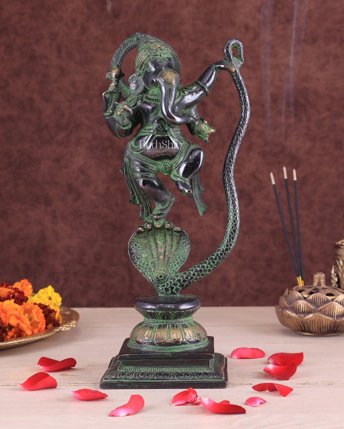 Lord Ganesha Dancing on Snake Brass Statue – Black & Green Antique Finish