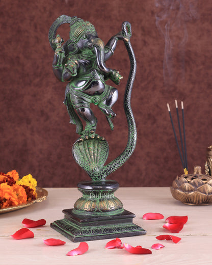 Lord Ganesha Dancing on Snake Brass Statue – Black & Green Antique Finish