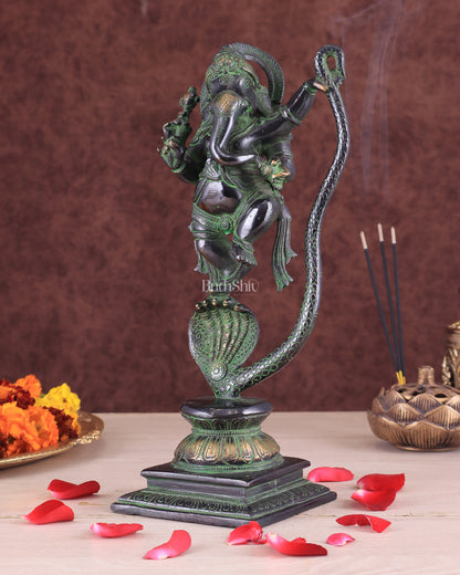 Lord Ganesha Dancing on Snake Brass Statue – Black & Green Antique Finish