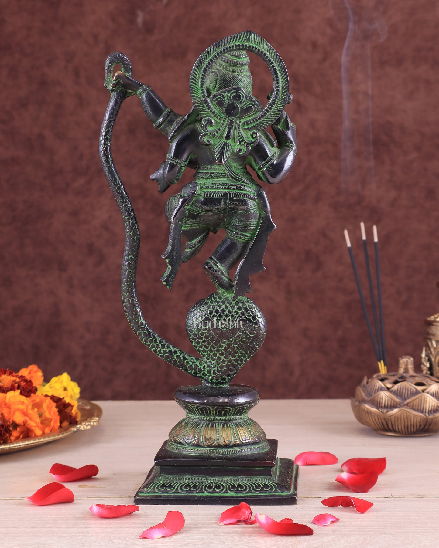 Lord Ganesha Dancing on Snake Brass Statue – Black & Green Antique Finish