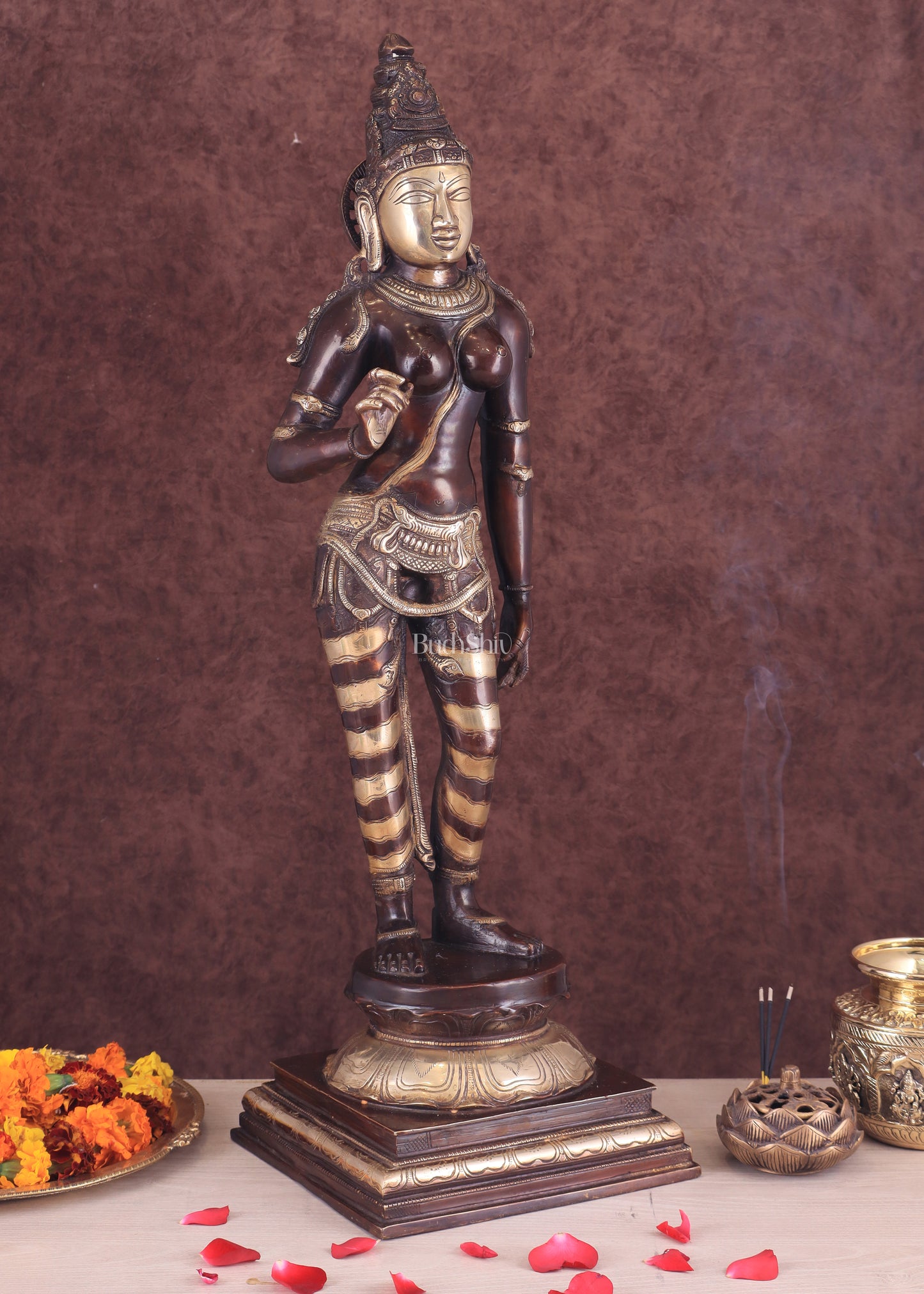 Goddess Parvati Standing Brass Sculpture – 27" Height, Double chola finish