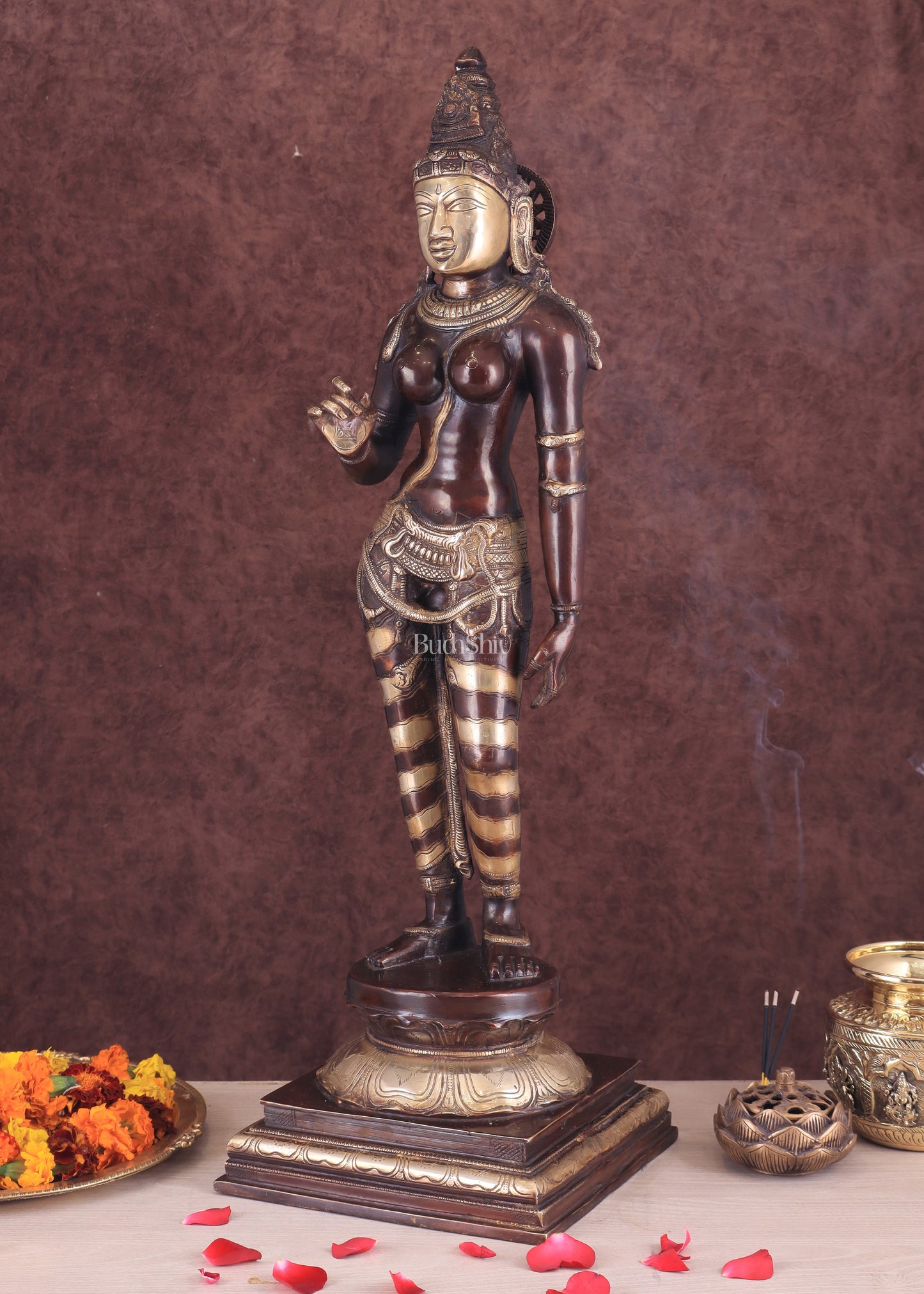 Goddess Parvati Standing Brass Sculpture – 27" Height, Double chola finish