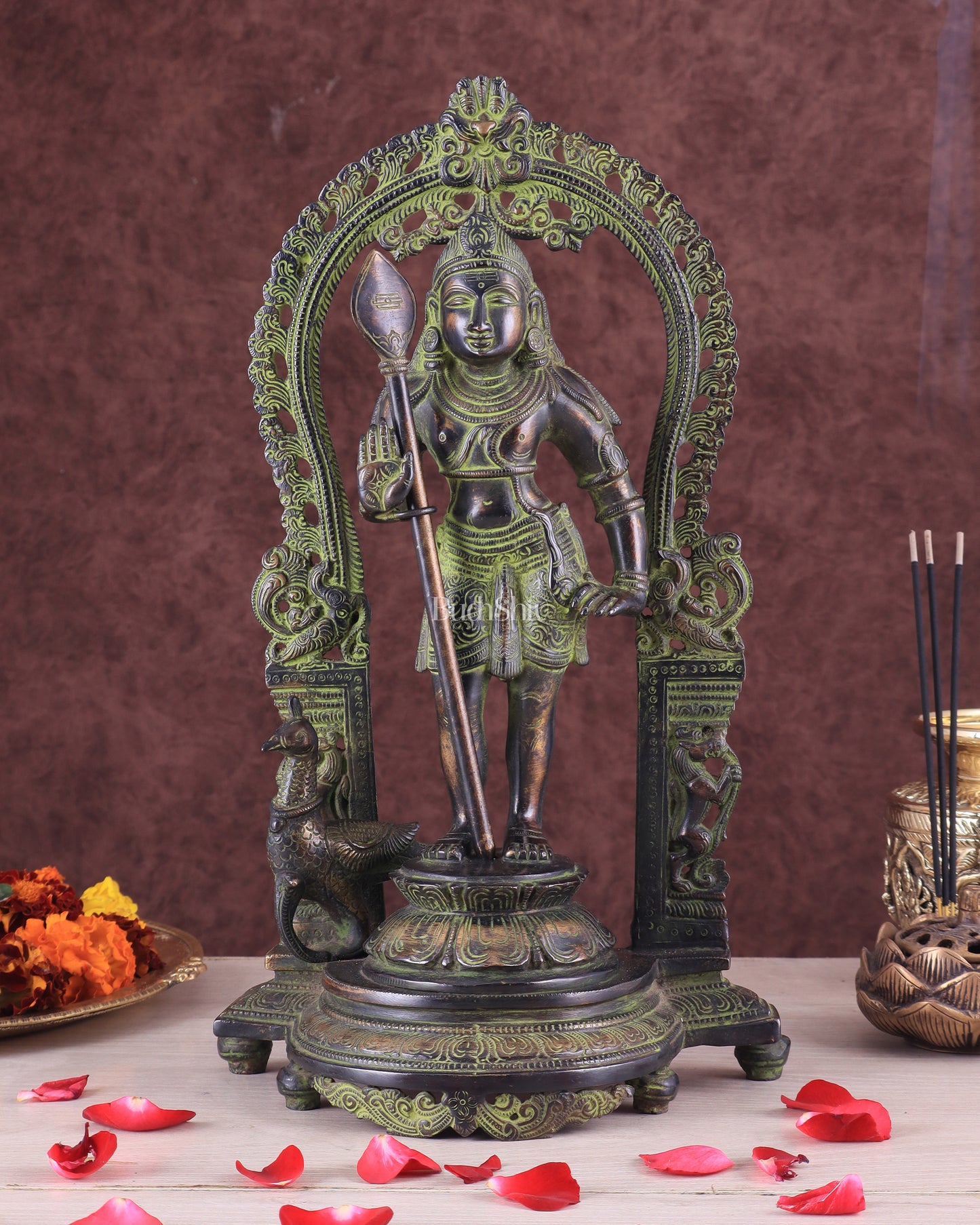 Pure Brass Lord Murugan with Prabhavali – Unique Mukunda Kartikeya Statue 14.5"