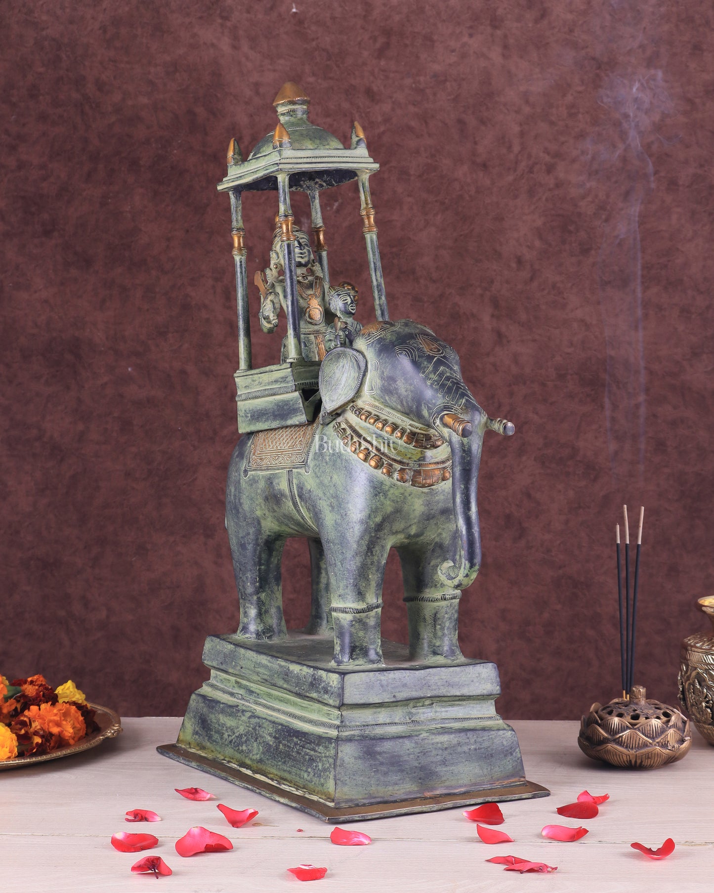 Brass Lord Indra Statue on Elephant – Vintage Sand Patina Finish 21.5"