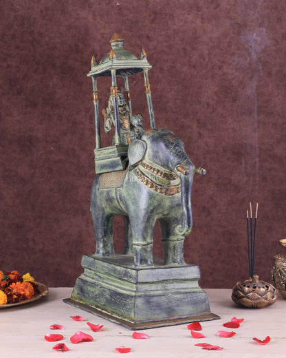 Brass Lord Indra Statue on Elephant – Vintage Sand Patina Finish 21.5"