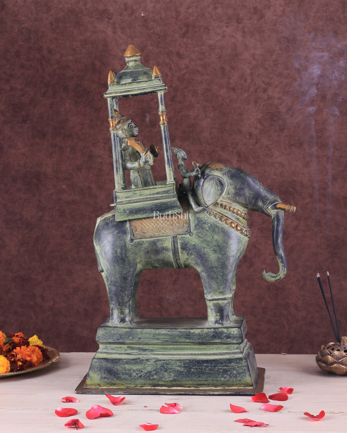 Brass Lord Indra Statue on Elephant – Vintage Sand Patina Finish 21.5"