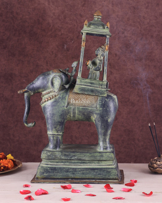 Brass Lord Indra Statue on Elephant – Vintage Sand Patina Finish 21.5"