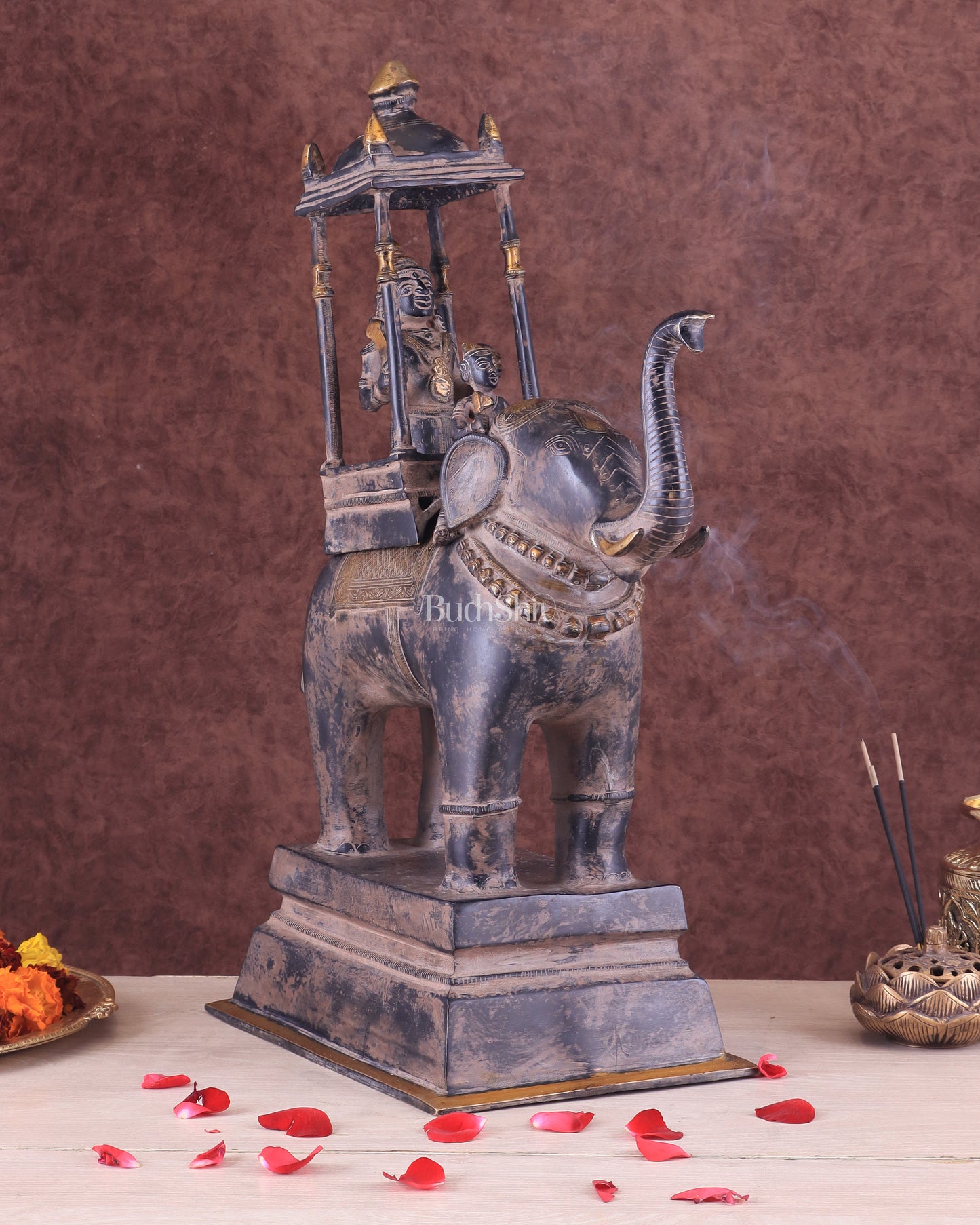 Brass Lord Indra Statue on Elephant with trunk up – Vintage Sand Patina Finish 21.5"