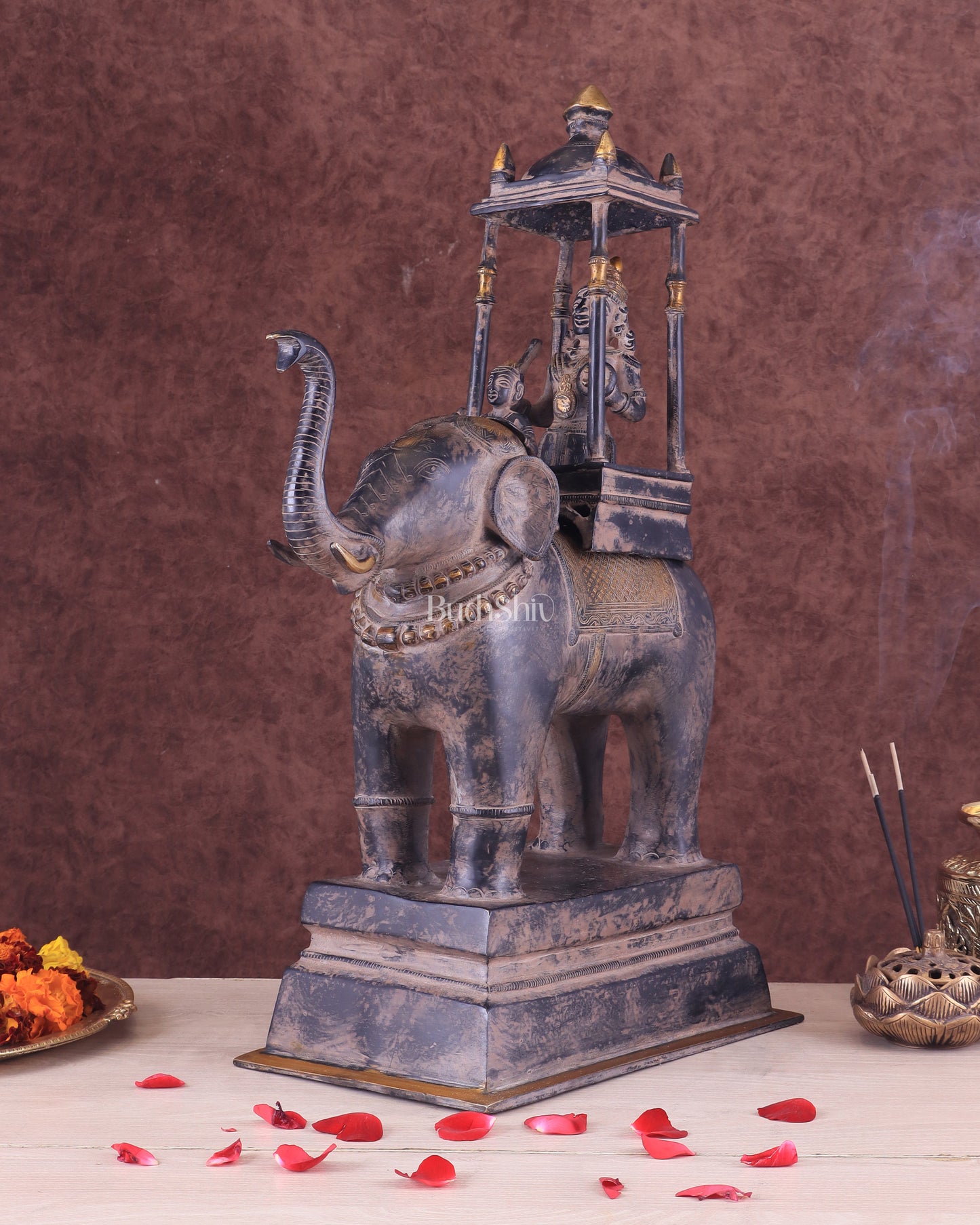 Brass Lord Indra Statue on Elephant with trunk up – Vintage Sand Patina Finish 21.5"