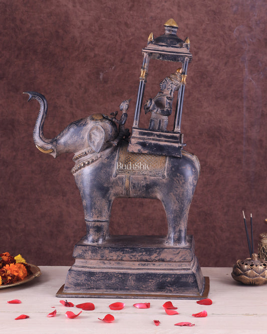 Brass Lord Indra Statue on Elephant with trunk up – Vintage Sand Patina Finish 21.5"