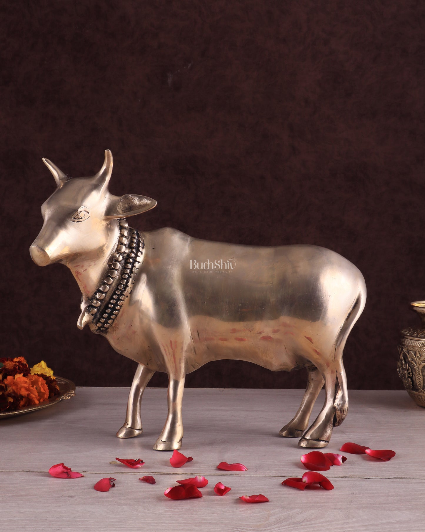 Brass Standing Cow Idol - Gomatha Statue glossy Finish | 13 inch