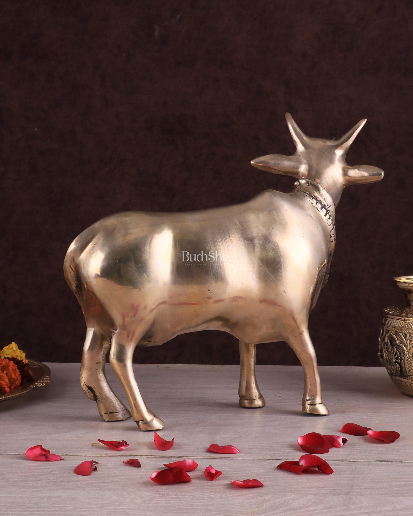 Brass Standing Cow Idol - Gomatha Statue glossy Finish | 13 inch