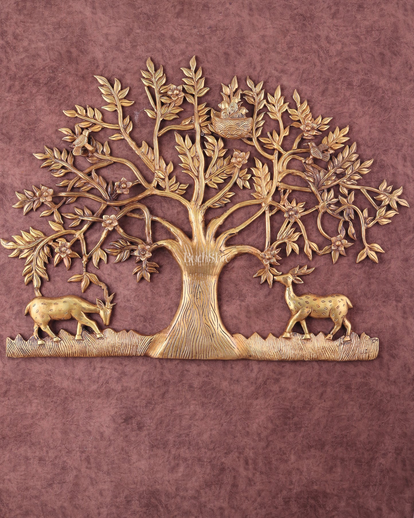 Large Brass Kalpavriksha Wall Hanging with Deers & Birds – 28"x22.5"