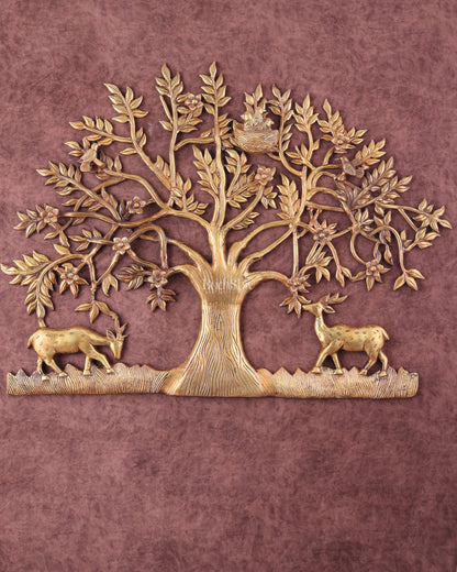 Large Brass Kalpavriksha Wall Hanging with Deers & Birds – 28"x22.5"