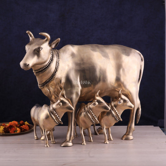 Pure Brass Large Gomatha (Cow) Statue Protecting Her Calves – Symbol of Nurturing Divinity