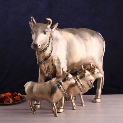 Pure Brass Large Gomatha (Cow) Statue Protecting Her Calves – Symbol of Nurturing Divinity